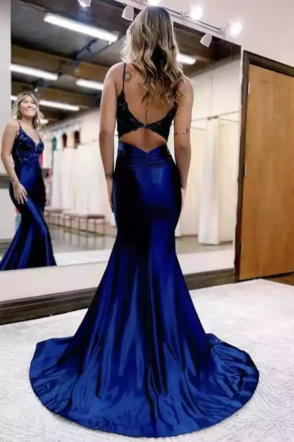 Regal Royal Blue Satin Mermaid Gown with Black Lace Bodice & Open Back