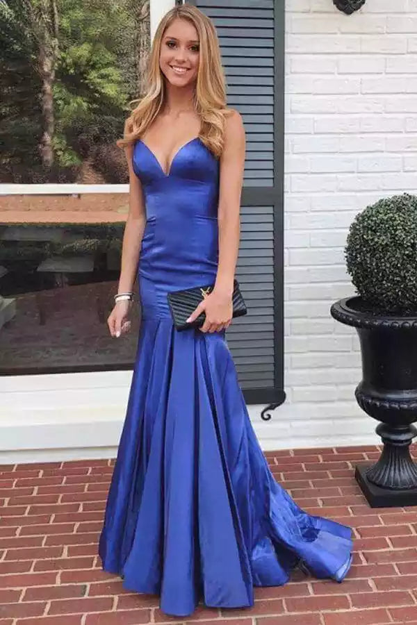 Regal Royal Blue Satin Mermaid Gown with Plunge V-Neck & Sweep Train