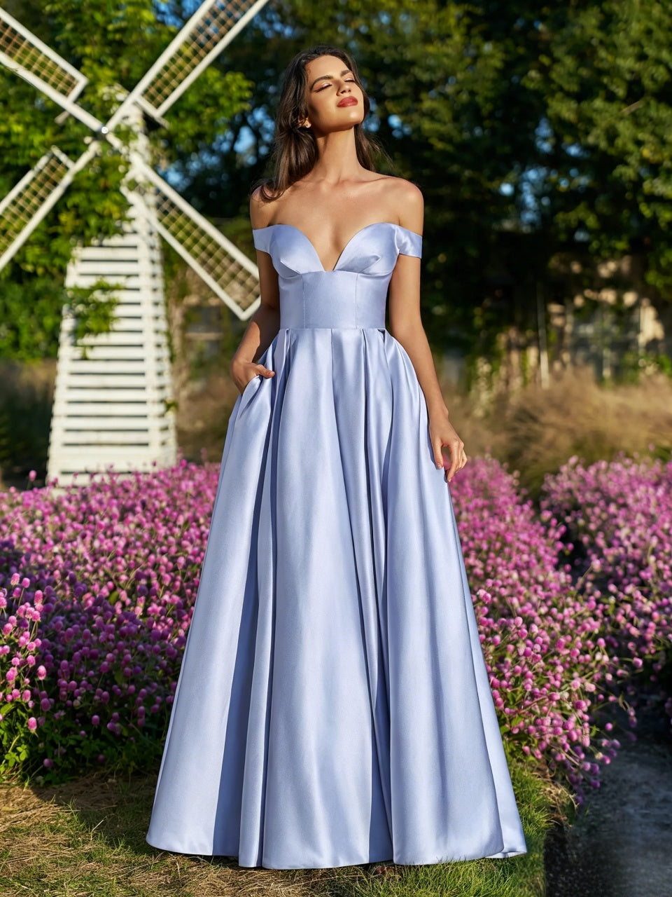 Regal Satin A-Line Off-The-Shoulder Lace-Up Floor Length Evening Dress