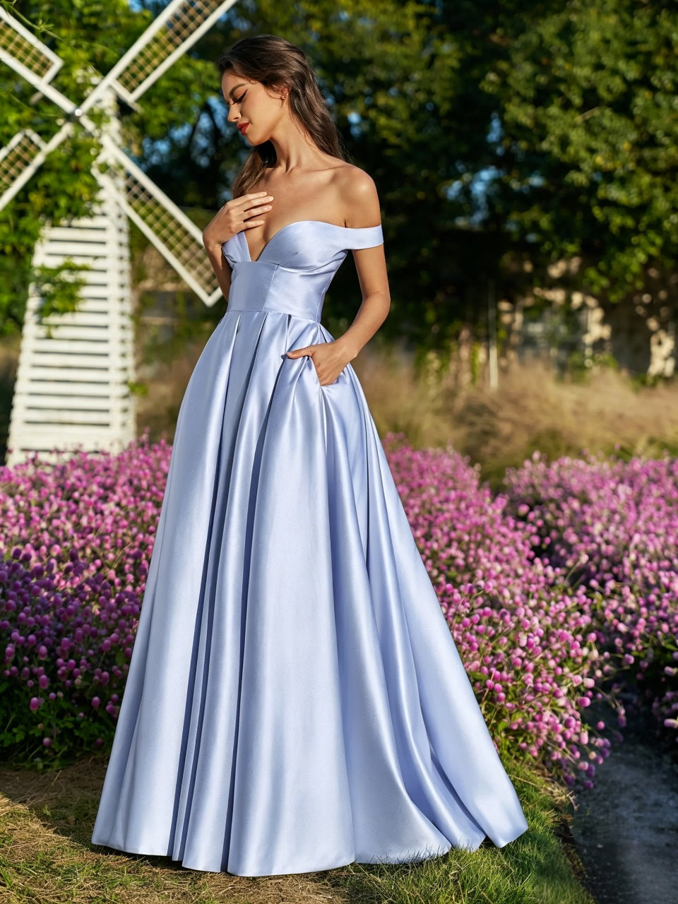 Regal Satin A-Line Off-The-Shoulder Lace-Up Floor Length Evening Dress