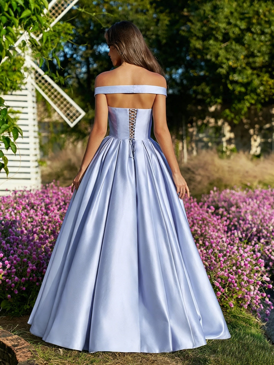 Regal Satin A-Line Off-The-Shoulder Lace-Up Floor Length Evening Dress