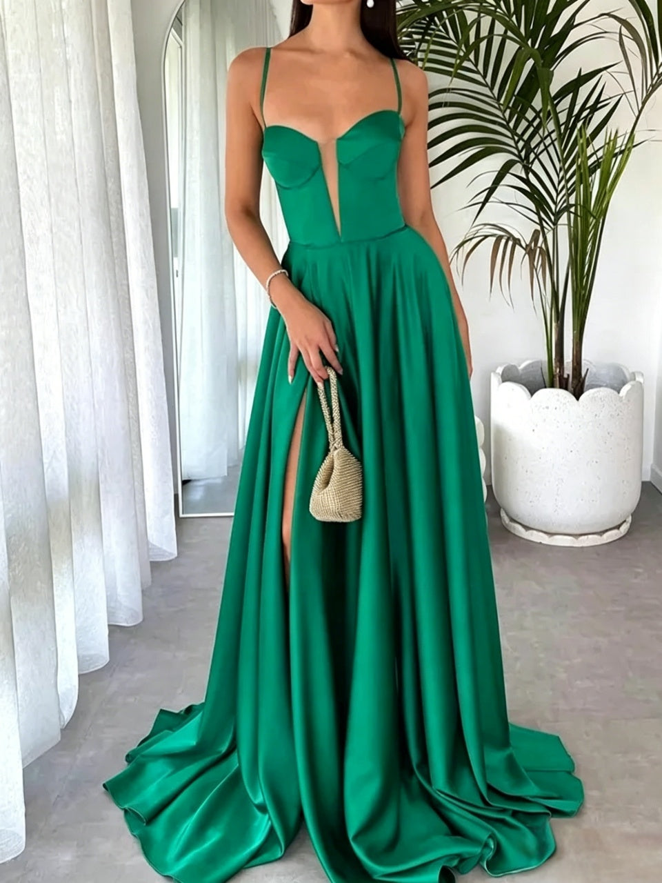 Regal Satin A-Line Plunge-Neck Lace-Up Floor Length Evening Dress