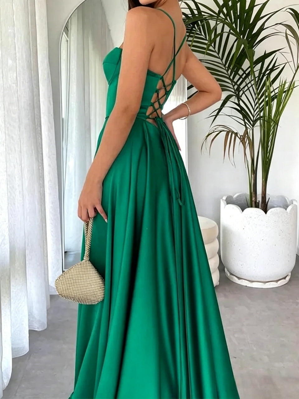 Regal Satin A-Line Plunge-Neck Lace-Up Floor Length Evening Dress