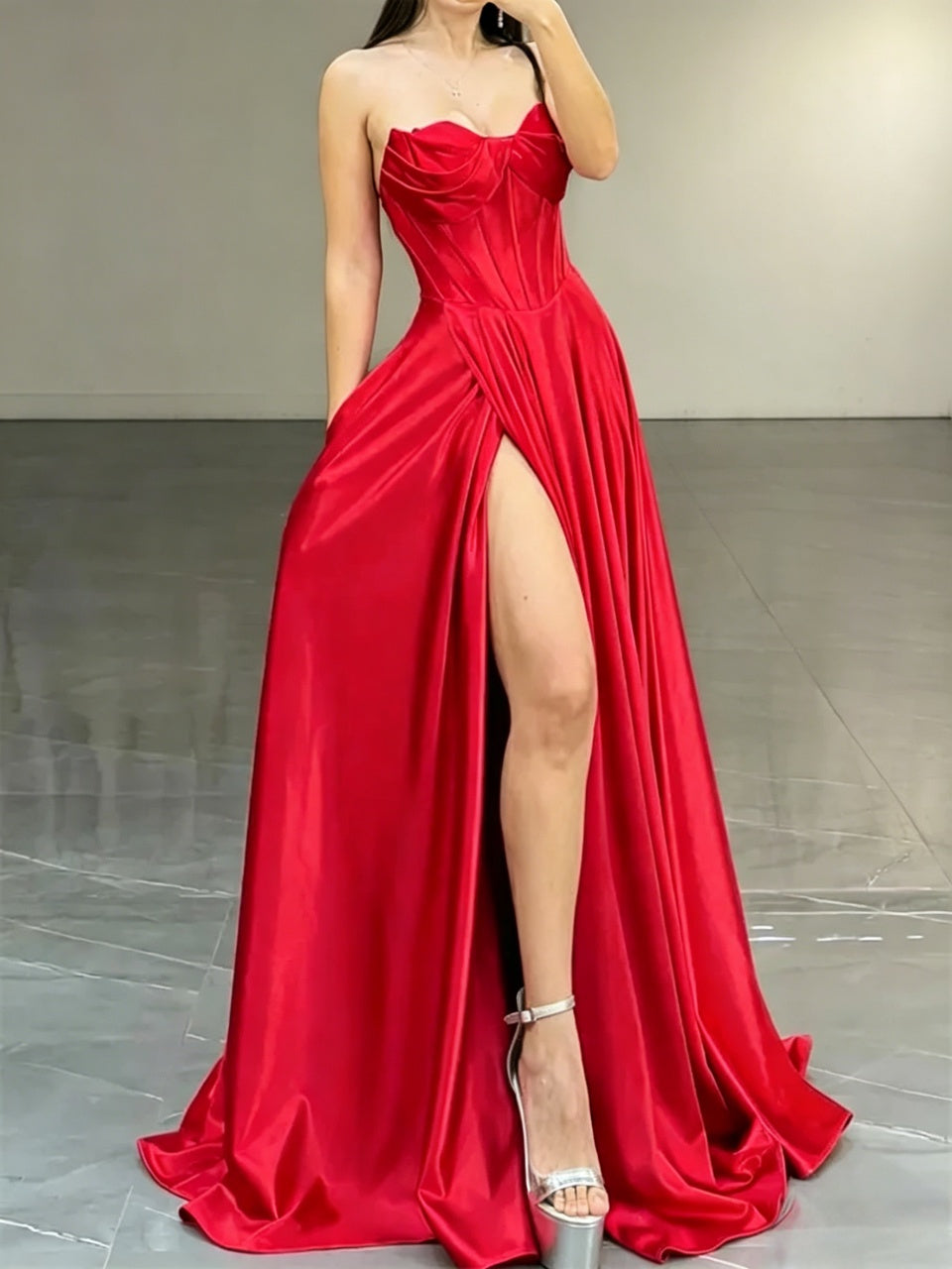 Regal Satin A-Line Strapless Corset Lace-Up Floor Length Evening Dress