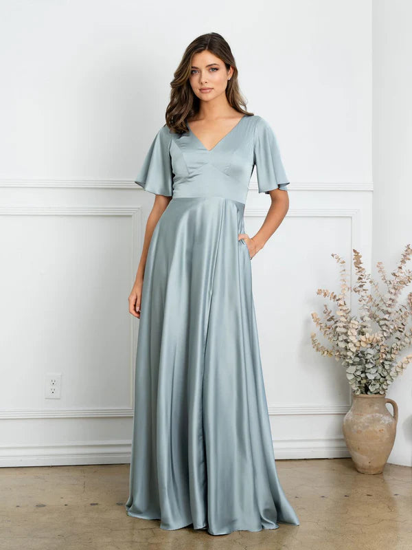 Regal Satin A-Line V-Neck Flutter-Sleeve Floor Length Mother of the Bride Dress
