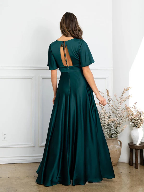 Regal Satin A-Line V-Neck Flutter-Sleeve Floor Length Mother of the Bride Dress