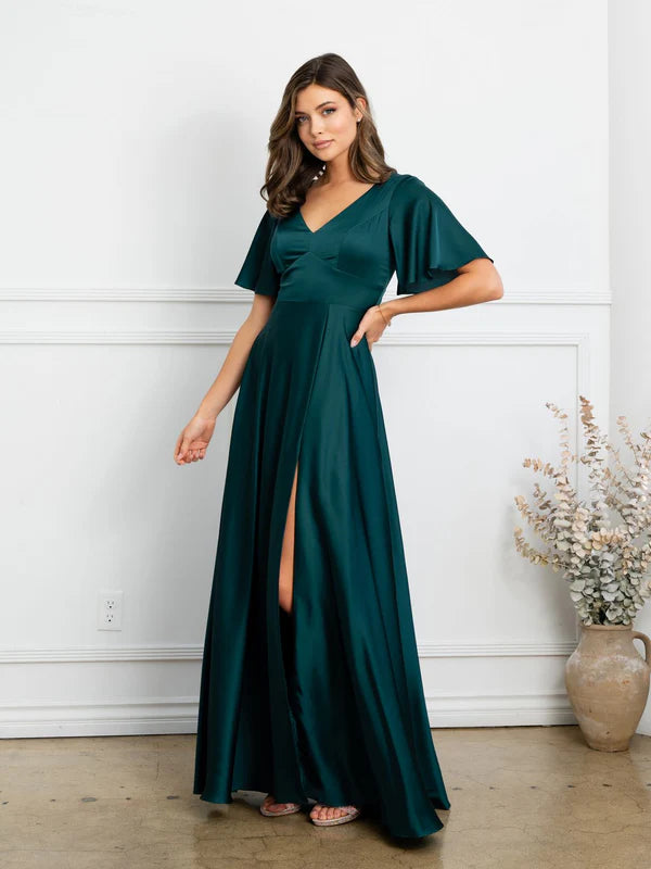 Regal Satin A-Line V-Neck Flutter-Sleeve Floor Length Mother of the Bride Dress