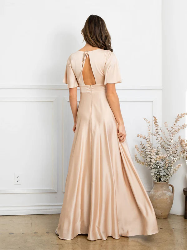 Regal Satin A-Line V-Neck Flutter-Sleeve Floor Length Mother of the Bride Dress