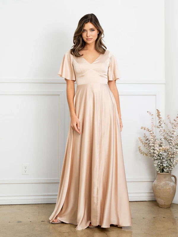 Regal Satin A-Line V-Neck Flutter-Sleeve Floor Length Mother of the Bride Dress
