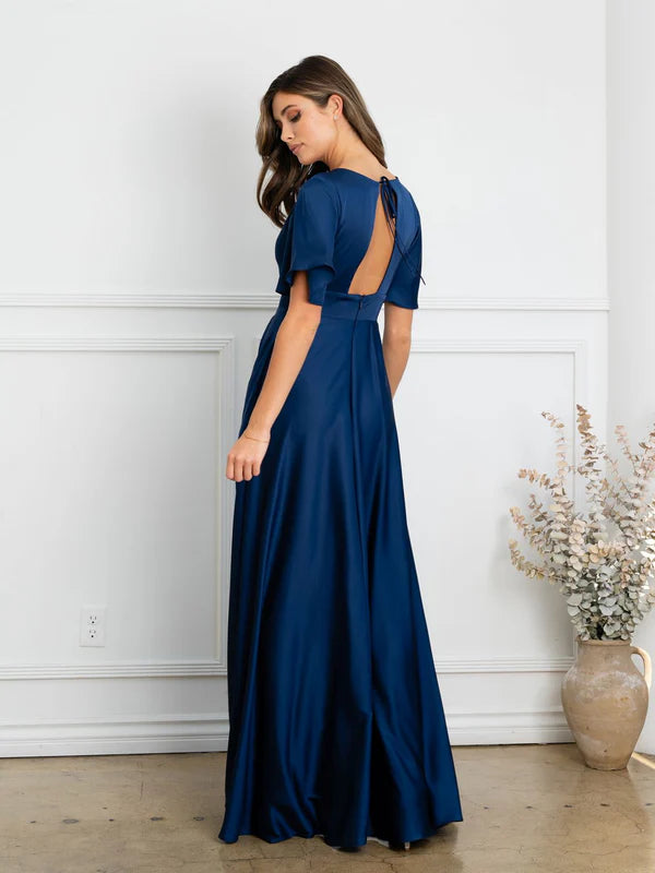 Regal Satin A-Line V-Neck Flutter-Sleeve Floor Length Mother of the Bride Dress