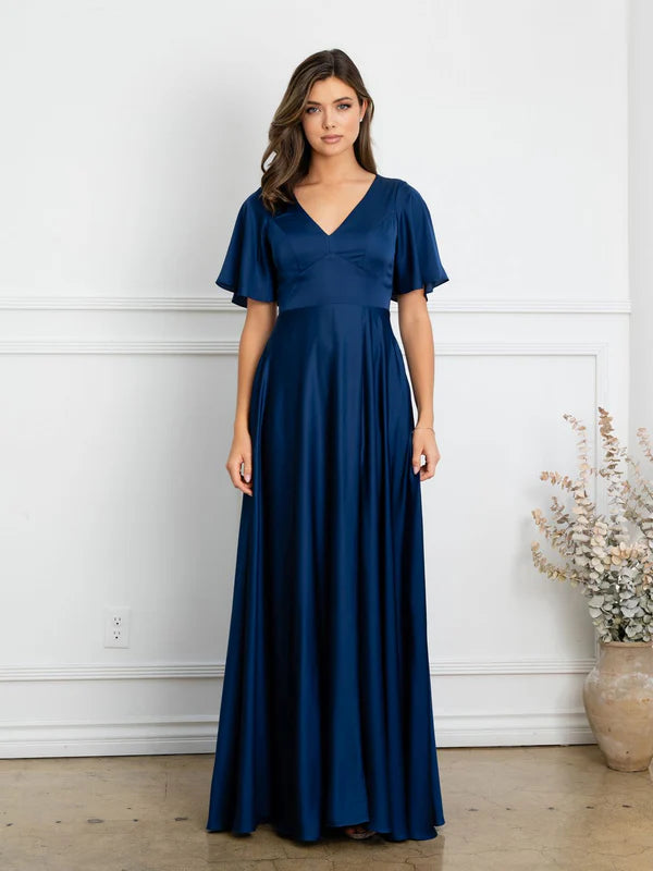 Regal Satin A-Line V-Neck Flutter-Sleeve Floor Length Mother of the Bride Dress