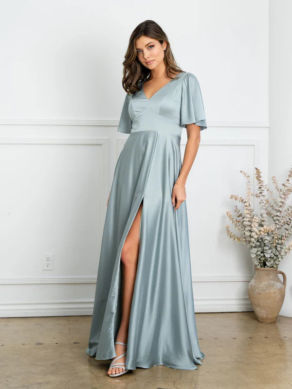 Regal Satin A-Line V-Neck Flutter-Sleeve Floor Length Mother of the Bride Dress