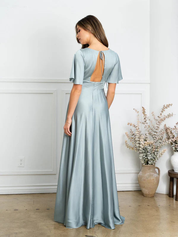 Regal Satin A-Line V-Neck Flutter-Sleeve Floor Length Mother of the Bride Dress