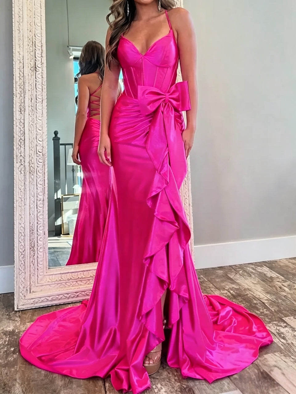 Regal Satin Mermaid Corset Lace-Up Floor Length Evening Dress