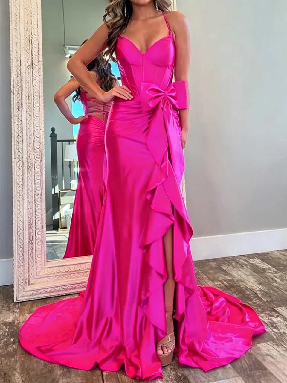 Regal Satin Mermaid Corset Lace-Up Floor Length Evening Dress