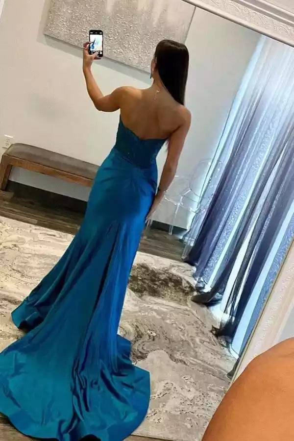 Regal Teal Satin Mermaid Prom Gown with Beaded Lace Bodice & High Slit