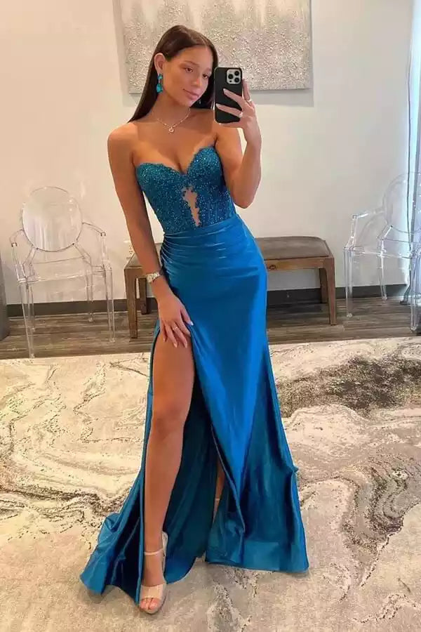 Regal Teal Satin Mermaid Prom Gown with Beaded Lace Bodice & High Slit