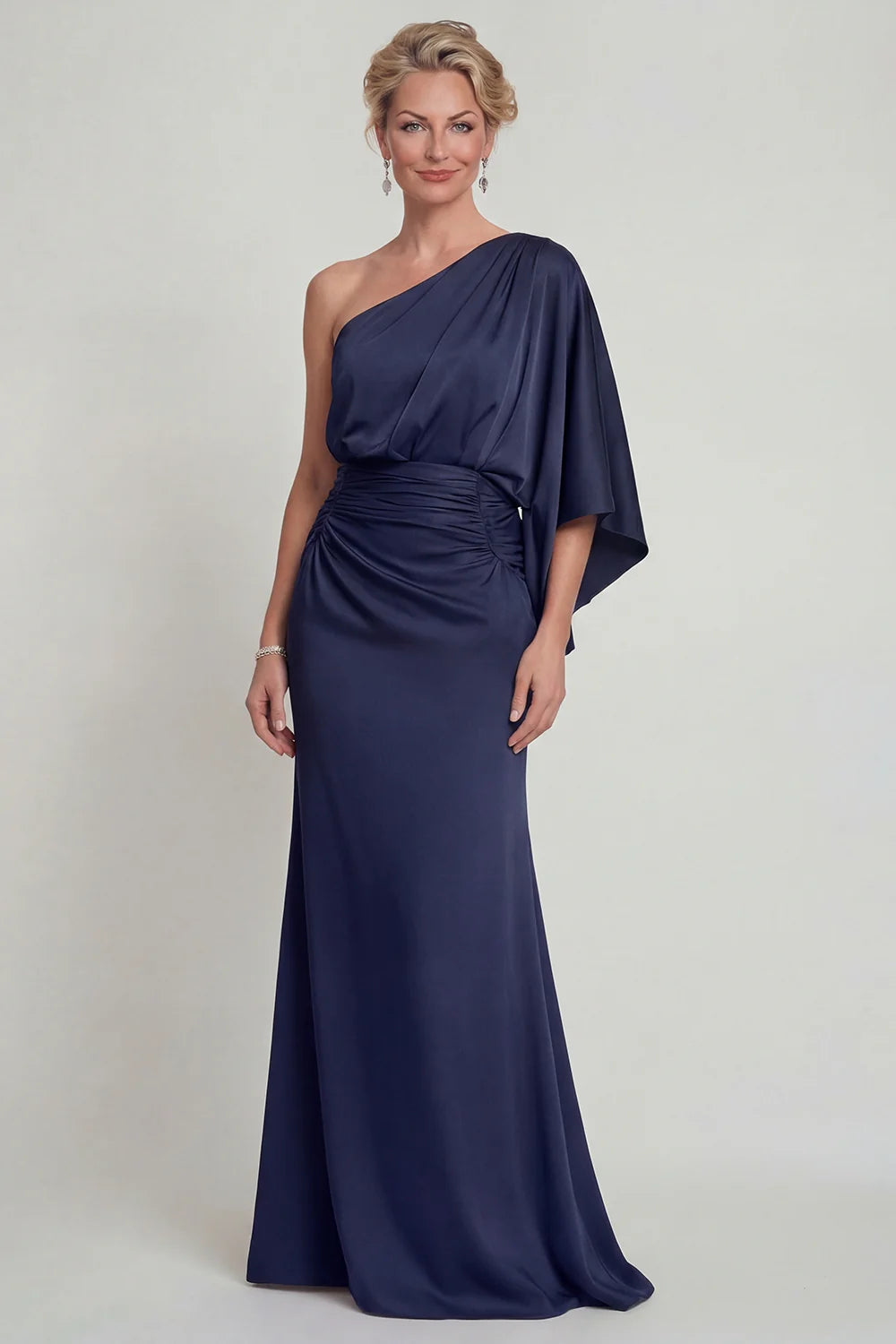 Regal Navy Satin Mermaid One-Shoulder Draped Sleeve Floor Length Mother of the Bride Dress