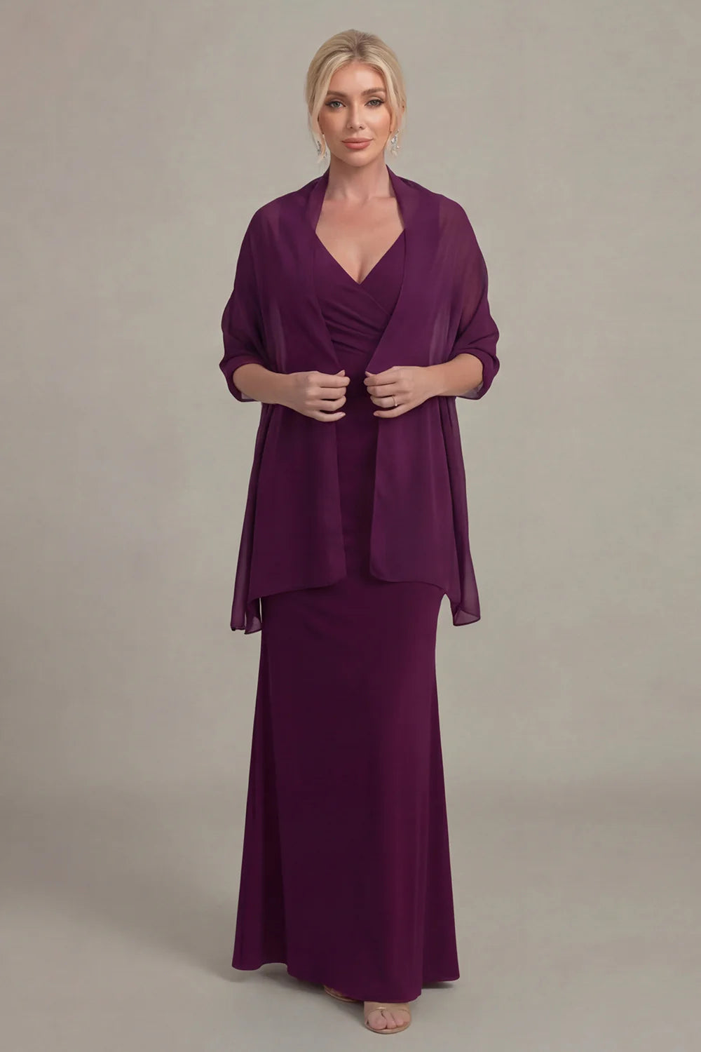 Rich Plum Jersey Mermaid V-Neck Sleeveless Ruched-Back Floor Length Mother of the Bride Dress