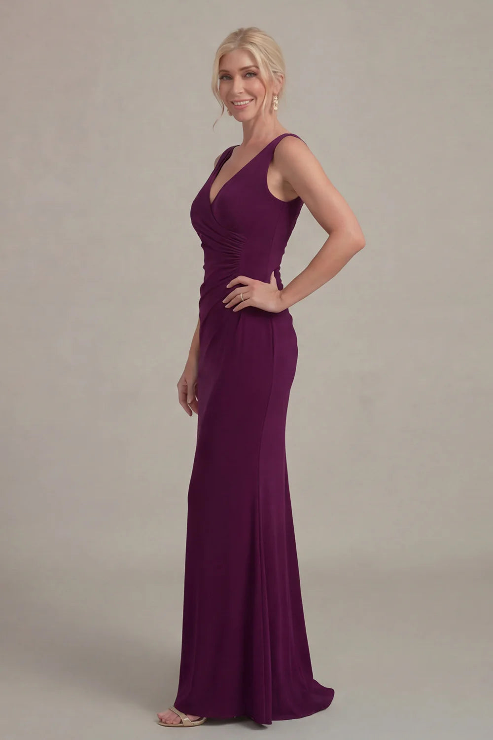 Rich Plum Jersey Mermaid V-Neck Sleeveless Ruched-Back Floor Length Mother of the Bride Dress
