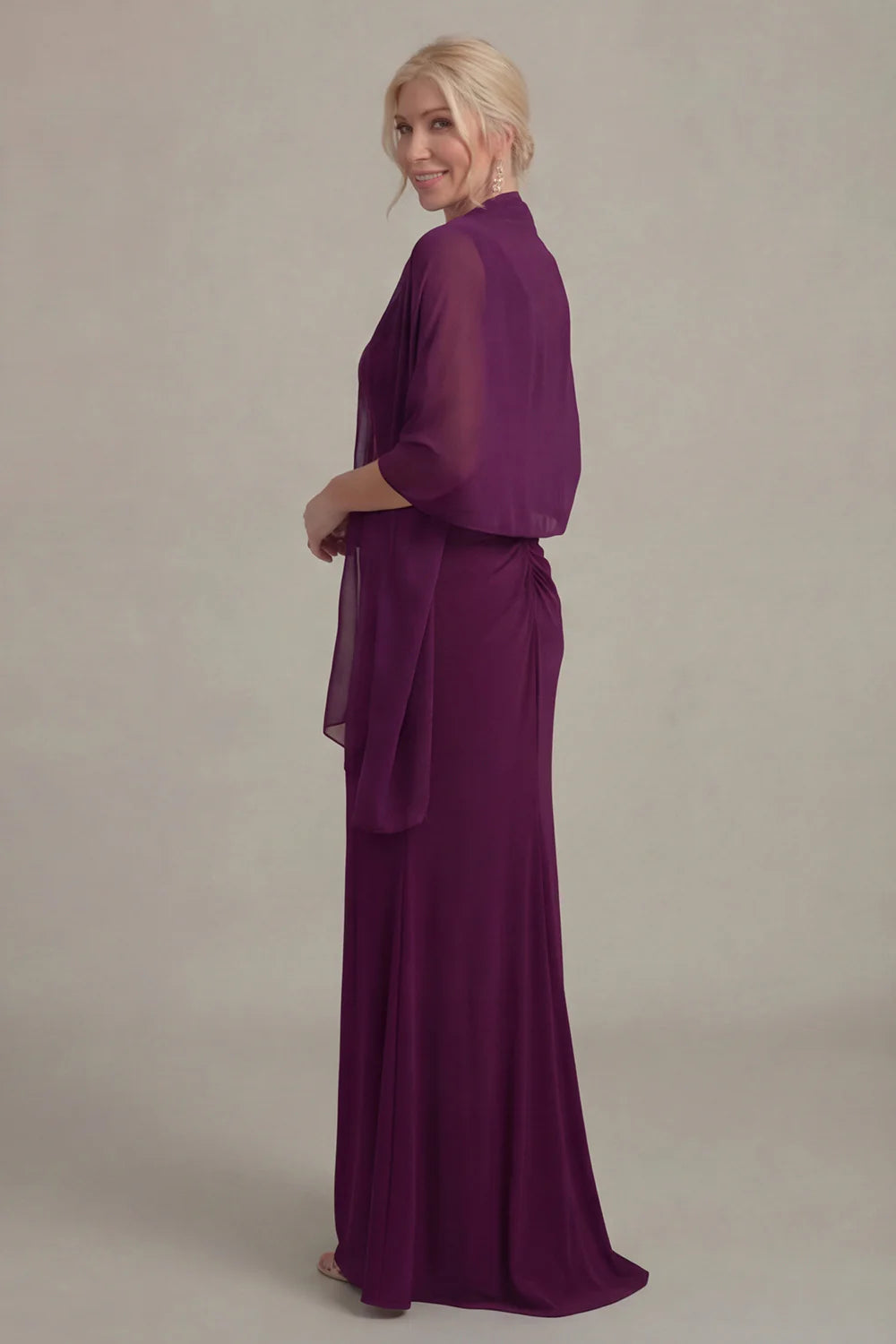 Rich Plum Jersey Mermaid V-Neck Sleeveless Ruched-Back Floor Length Mother of the Bride Dress