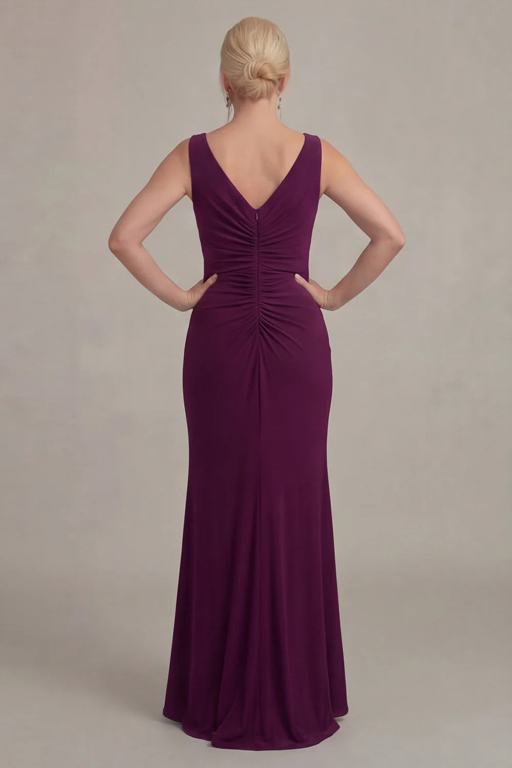 Rich Plum Jersey Mermaid V-Neck Sleeveless Ruched-Back Floor Length Mother of the Bride Dress