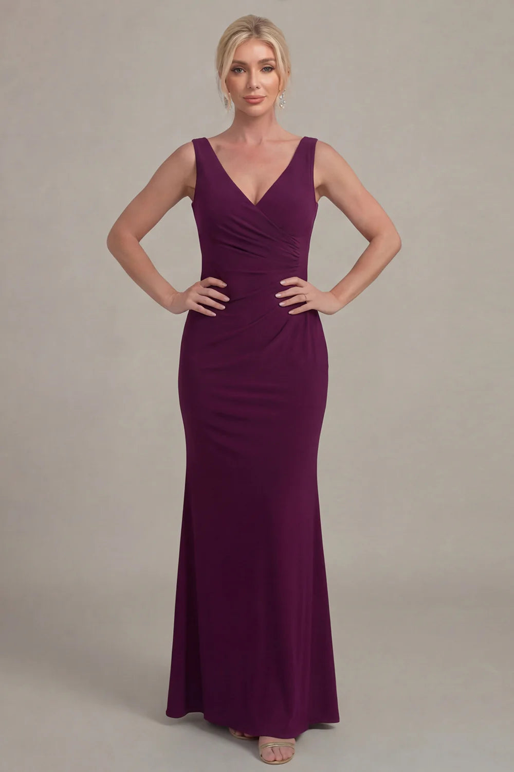 Rich Plum Jersey Mermaid V-Neck Sleeveless Ruched-Back Floor Length Mother of the Bride Dress