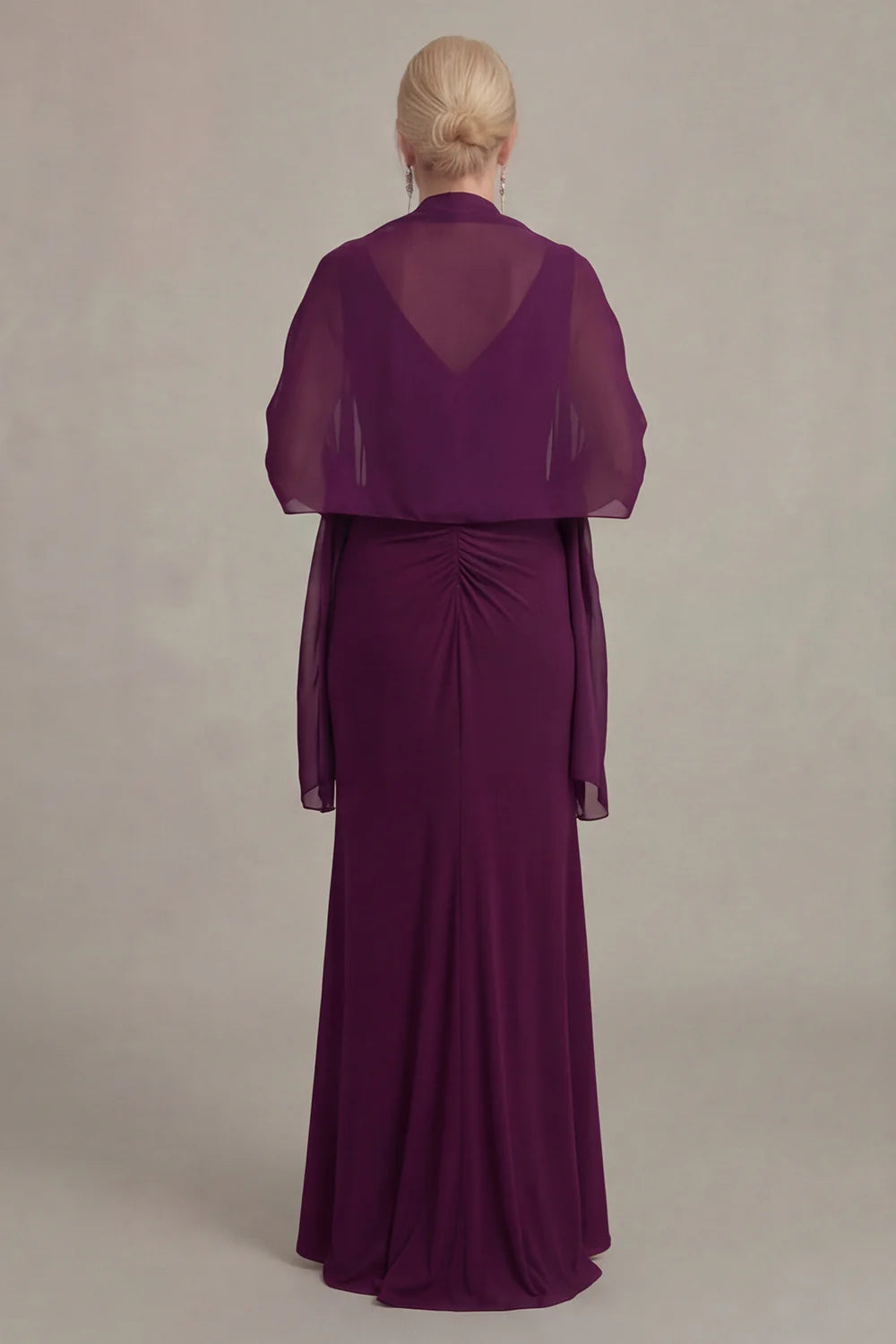 Rich Plum Jersey Mermaid V-Neck Sleeveless Ruched-Back Floor Length Mother of the Bride Dress