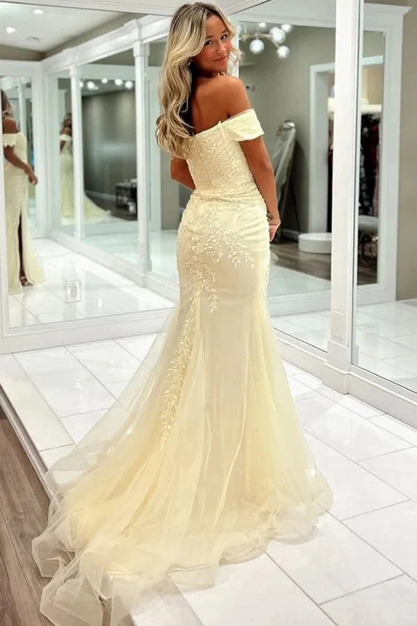 Back view of the off-shoulder lace mermaid prom dress, highlighting the open back and hidden zipper.