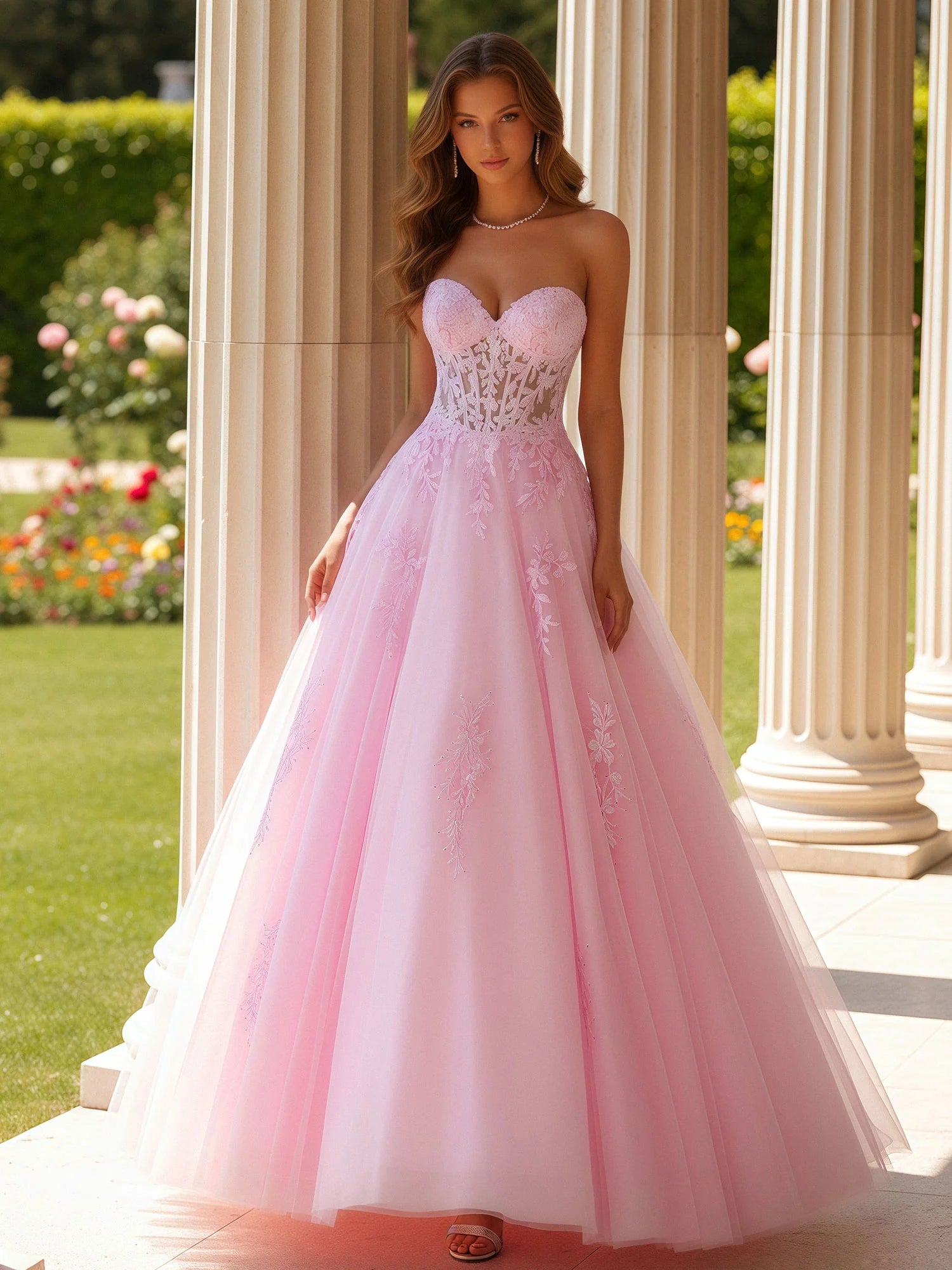 Romantic A-Line Sweetheart Neck Strapless Lace-Up Back Floor-Length Tulle Evening Dress
