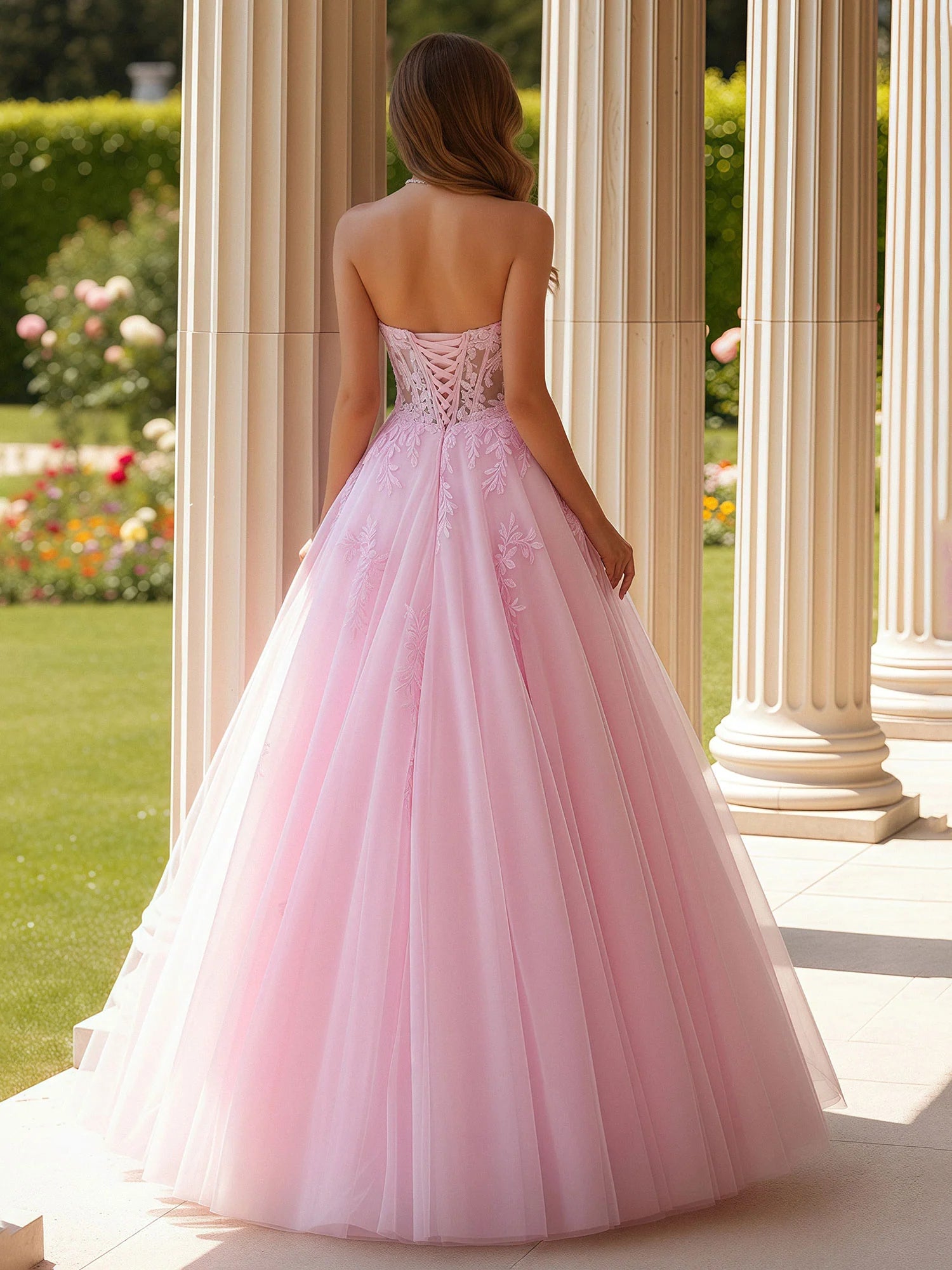 Romantic A-Line Sweetheart Neck Strapless Lace-Up Back Floor-Length Tulle Evening Dress