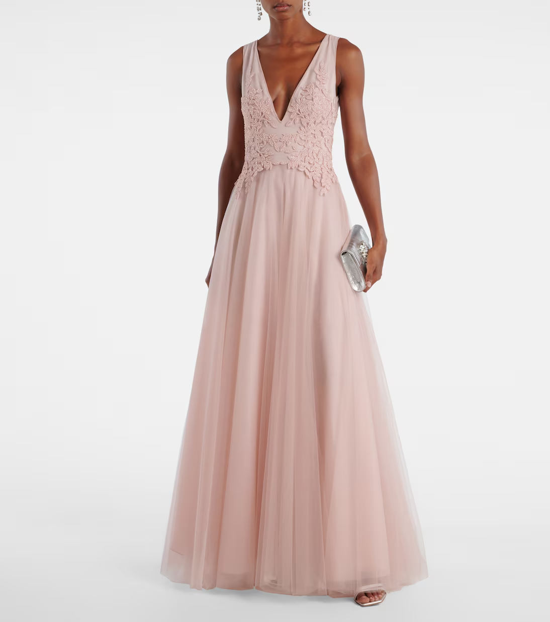 Romantic A-line Ball Gown V-neck Sleeveless Low Back Floor Length Formal Evening Dress