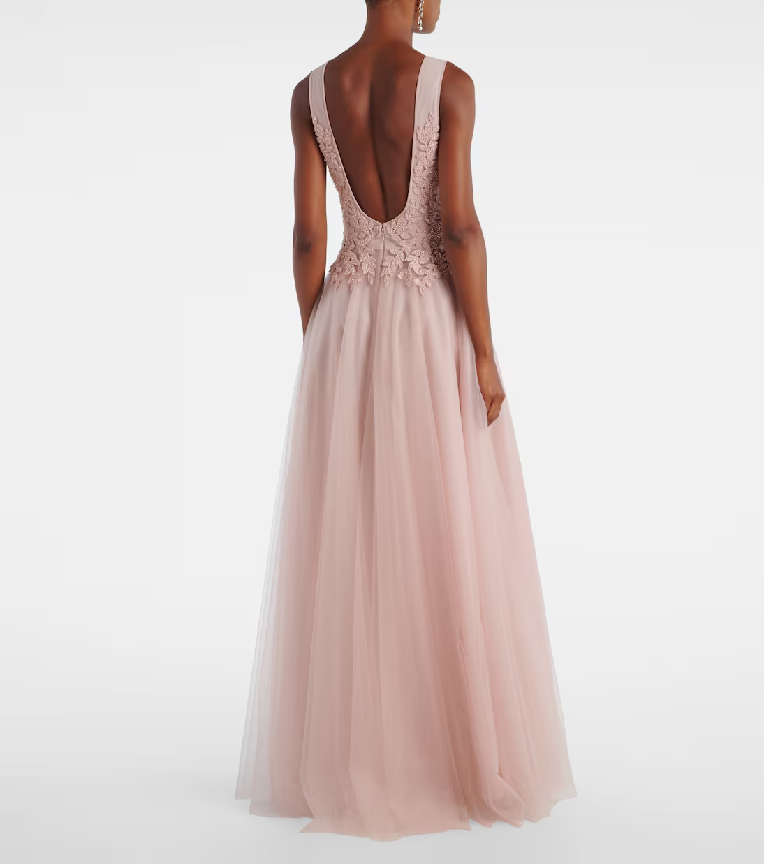 Romantic A-line Ball Gown V-neck Sleeveless Low Back Floor Length Formal Evening Dress