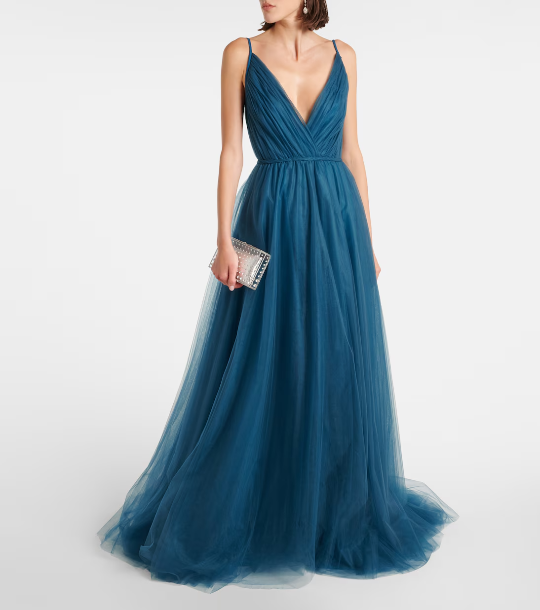 Romantic A-line Tulle Gown V-neck Spaghetti Straps Low Back Floor Length Formal Evening Dress