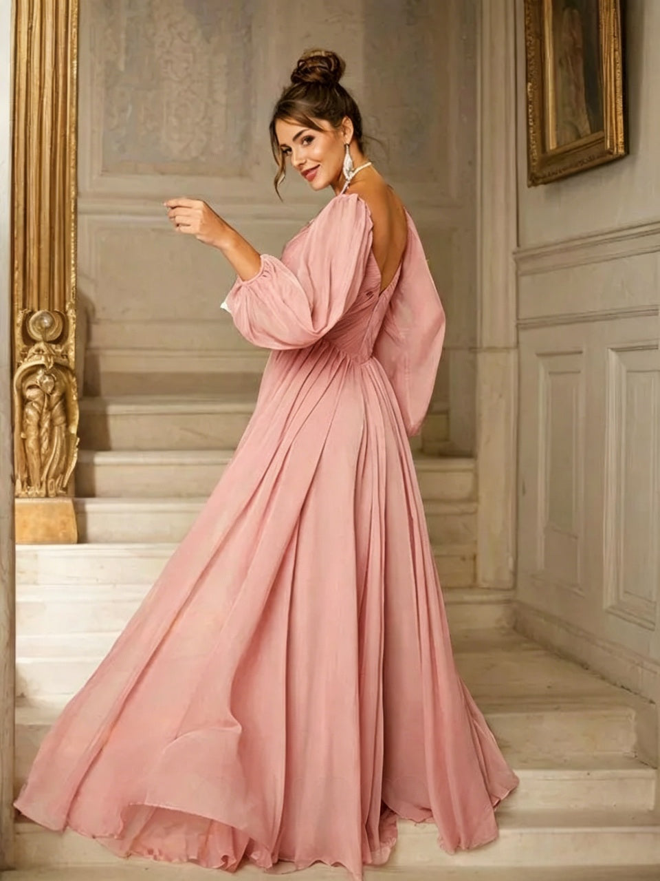 Romantic A Line Sweetheart Long Puff Sleeve Low V Back Floor Length Evening Dress
