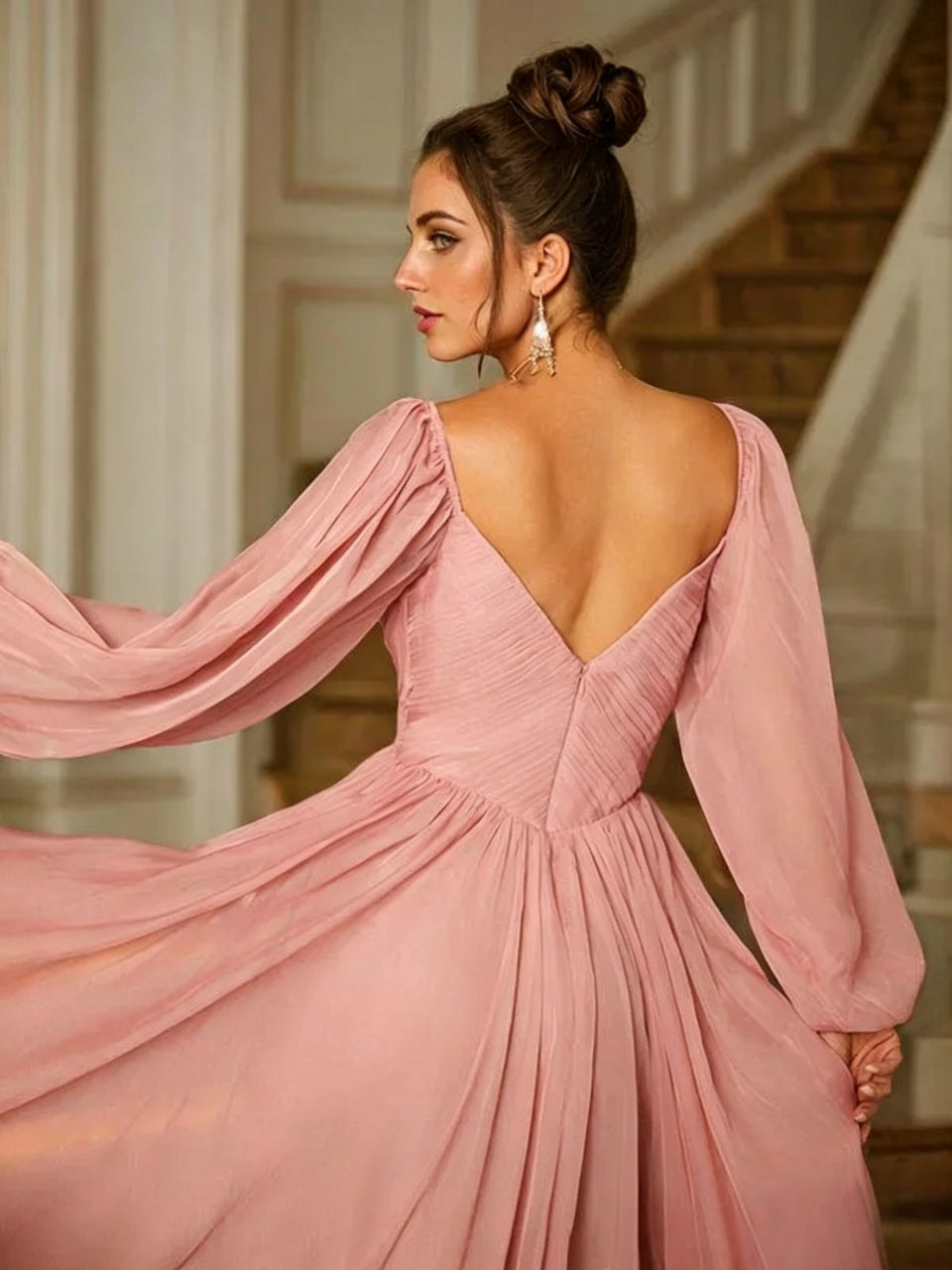 Romantic A Line Sweetheart Long Puff Sleeve Low V Back Floor Length Evening Dress