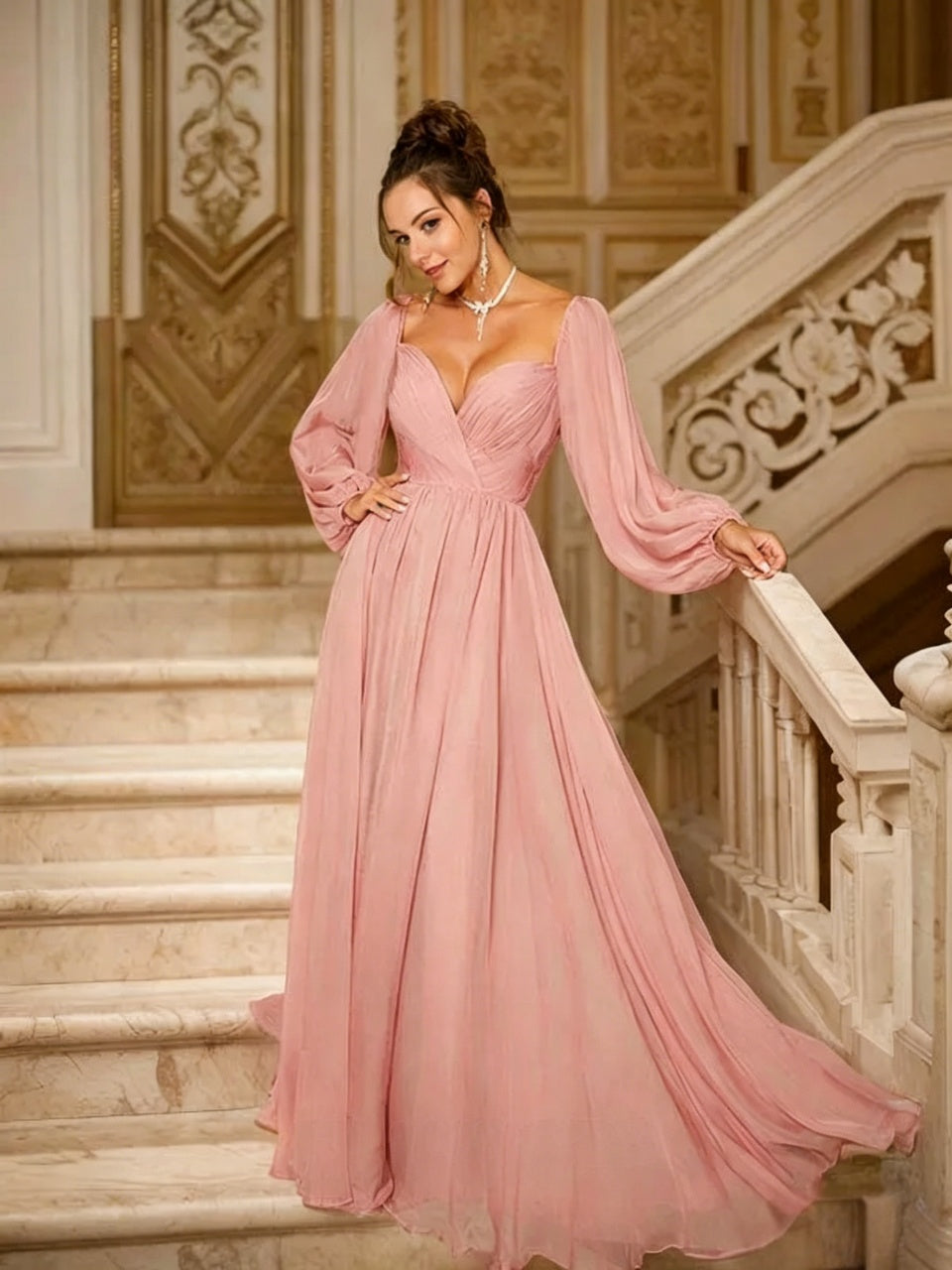 Romantic A Line Sweetheart Long Puff Sleeve Low V Back Floor Length Evening Dress
