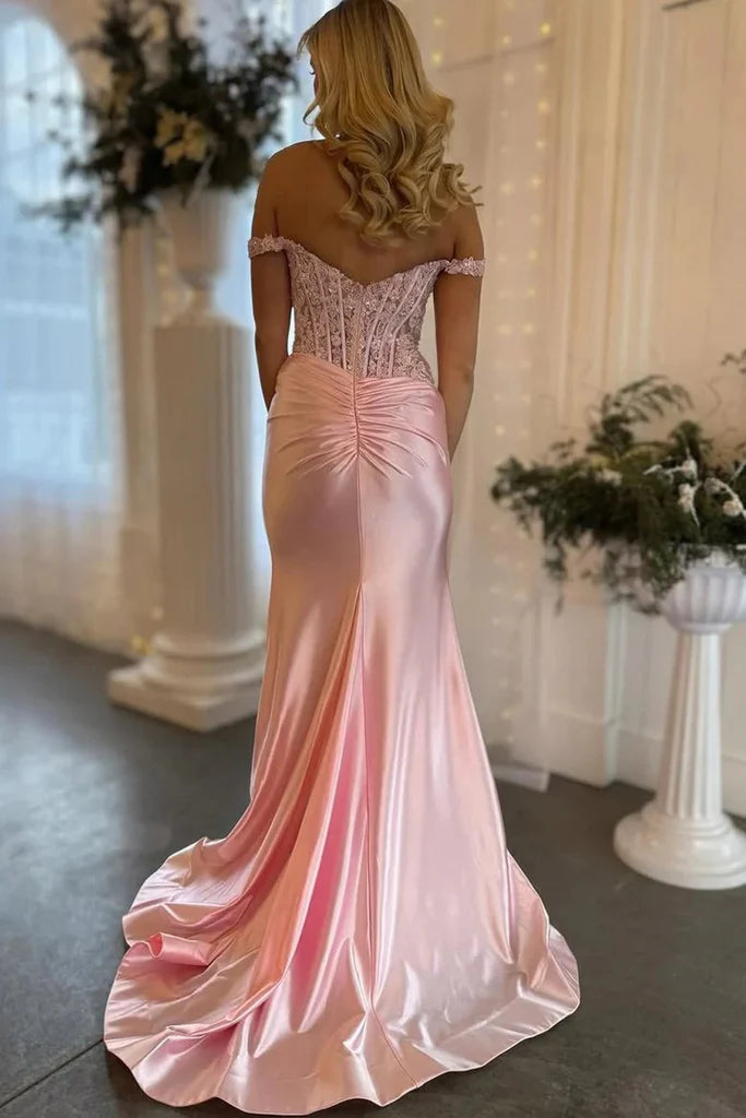 Romantic Blush Mermaid Off-Shoulder Lace Corset High-Slit Floor-Length Prom Dress