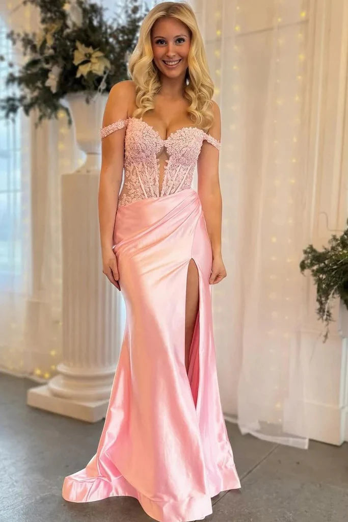 Romantic Blush Mermaid Off-Shoulder Lace Corset High-Slit Floor-Length Prom Dress