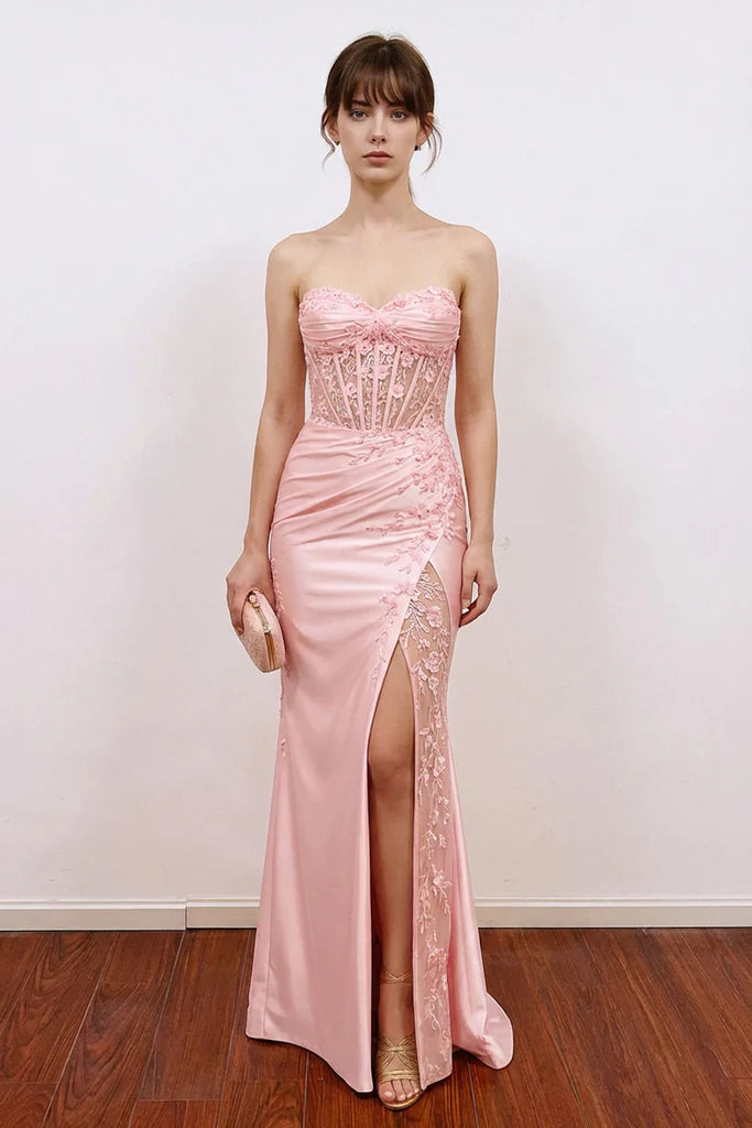 Romantic Blush Mermaid Strapless Sheer Corset-Back High-Slit Floor-Length Prom Dress