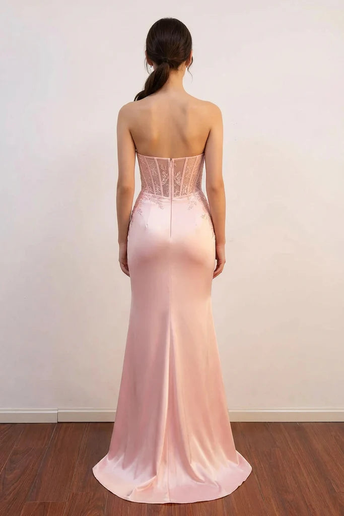 Romantic Blush Mermaid Strapless Sheer Corset-Back High-Slit Floor-Length Prom Dress