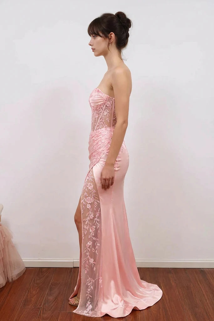 Romantic Blush Mermaid Strapless Sheer Corset-Back High-Slit Floor-Length Prom Dress