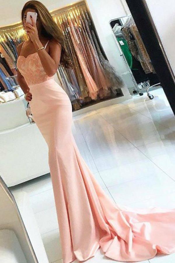 Romantic Blush Mermaid Sweetheart Spaghetti-Strap Lace-Bodice Floor-Length Prom Dress