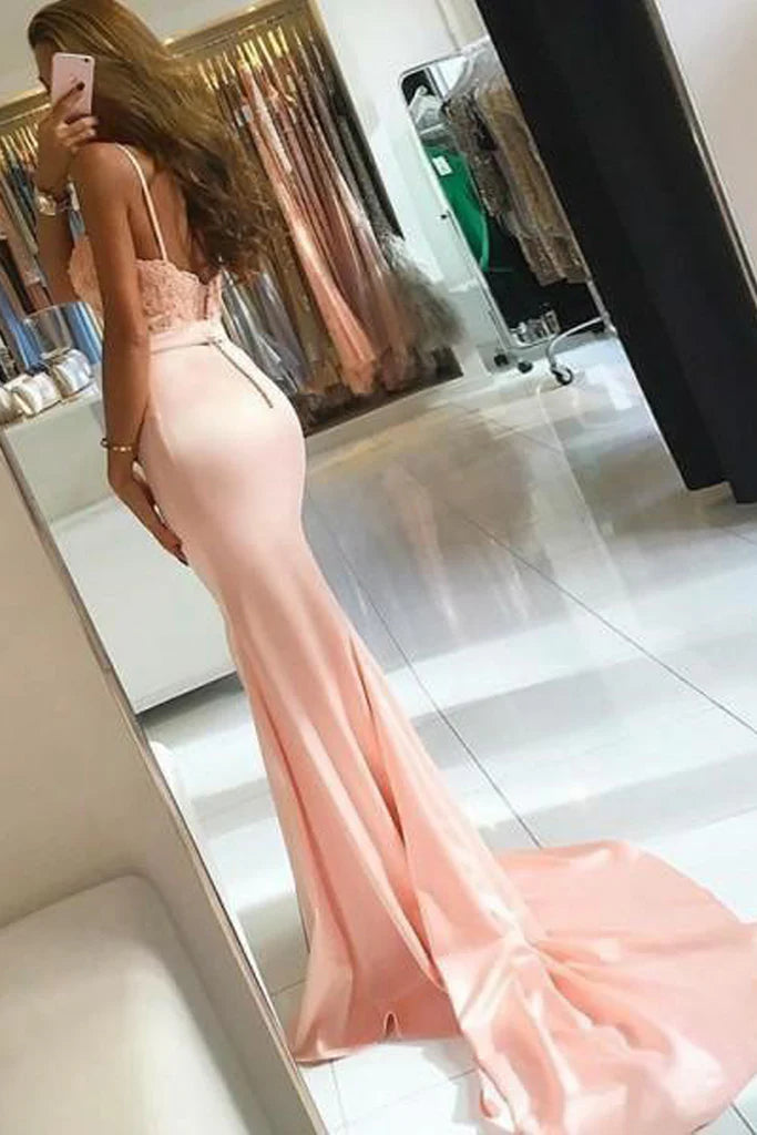 Romantic Blush Mermaid Sweetheart Spaghetti-Strap Lace-Bodice Floor-Length Prom Dress