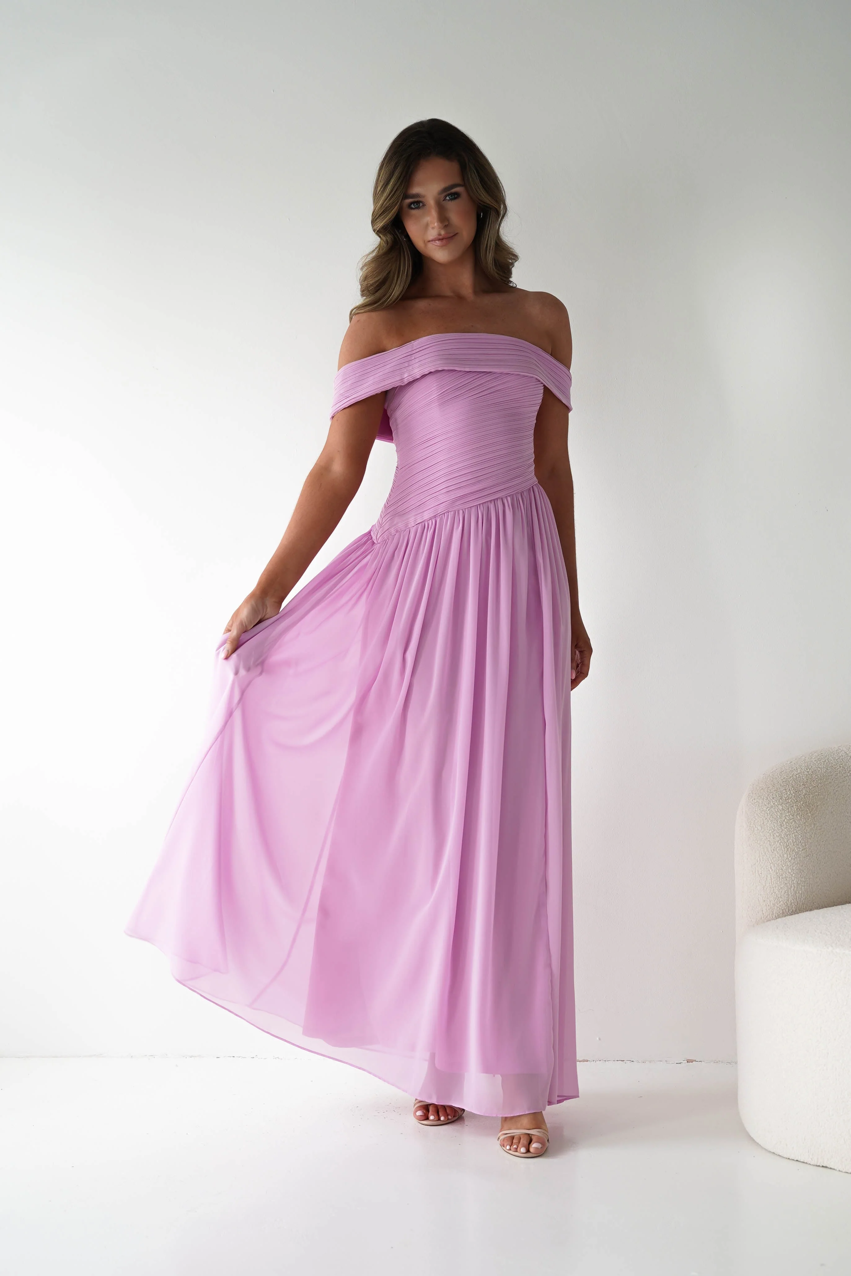 Romantic Blush Pink Chiffon Off-the-Shoulder Pleated Ruched Slit A-Line Evening Dresses