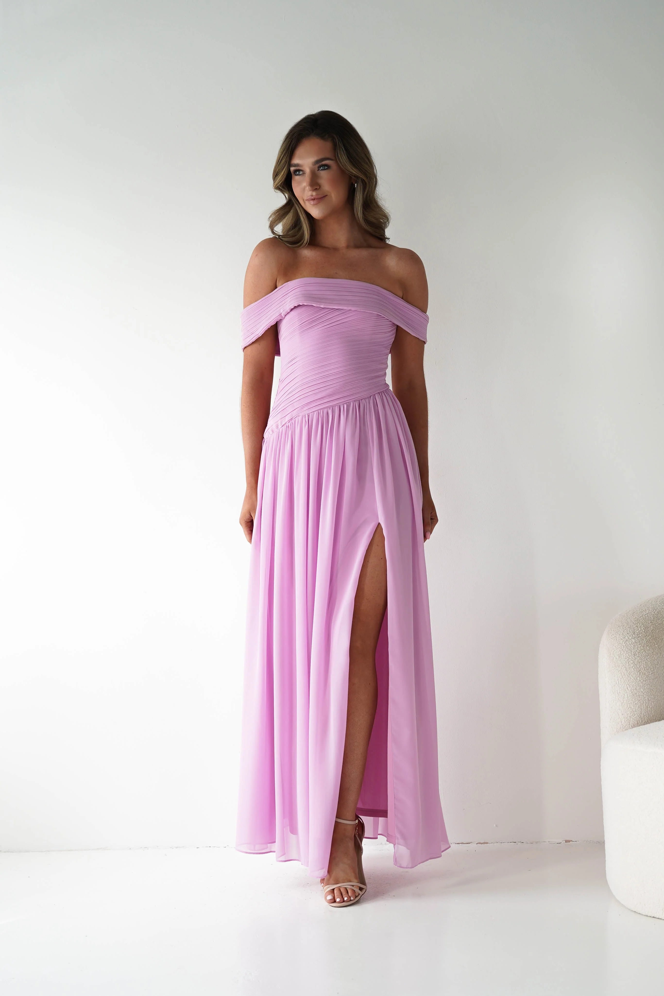Romantic Blush Pink Chiffon Off-the-Shoulder Pleated Ruched Slit A-Line Evening Dresses