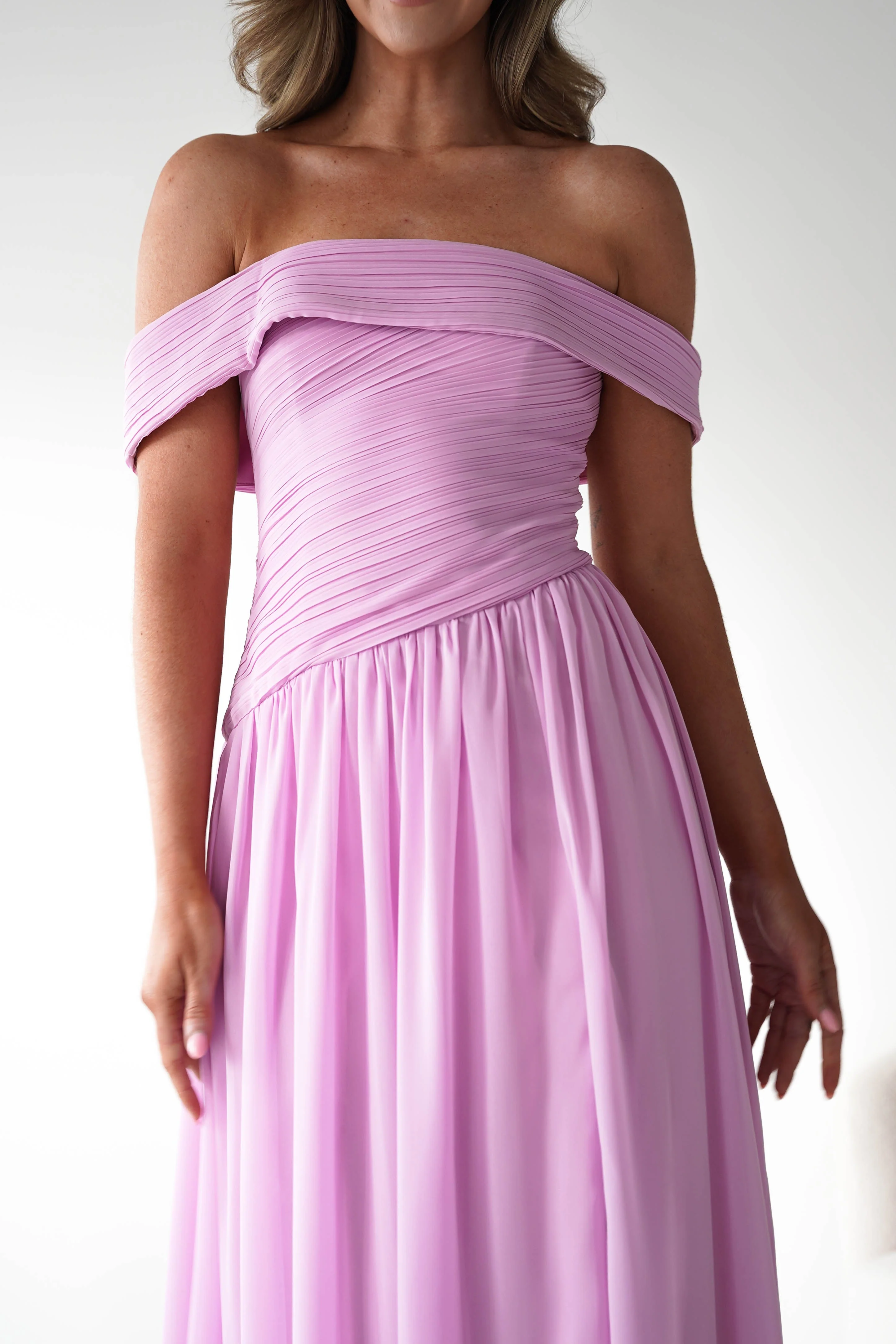 Romantic Blush Pink Chiffon Off-the-Shoulder Pleated Ruched Slit A-Line Evening Dresses