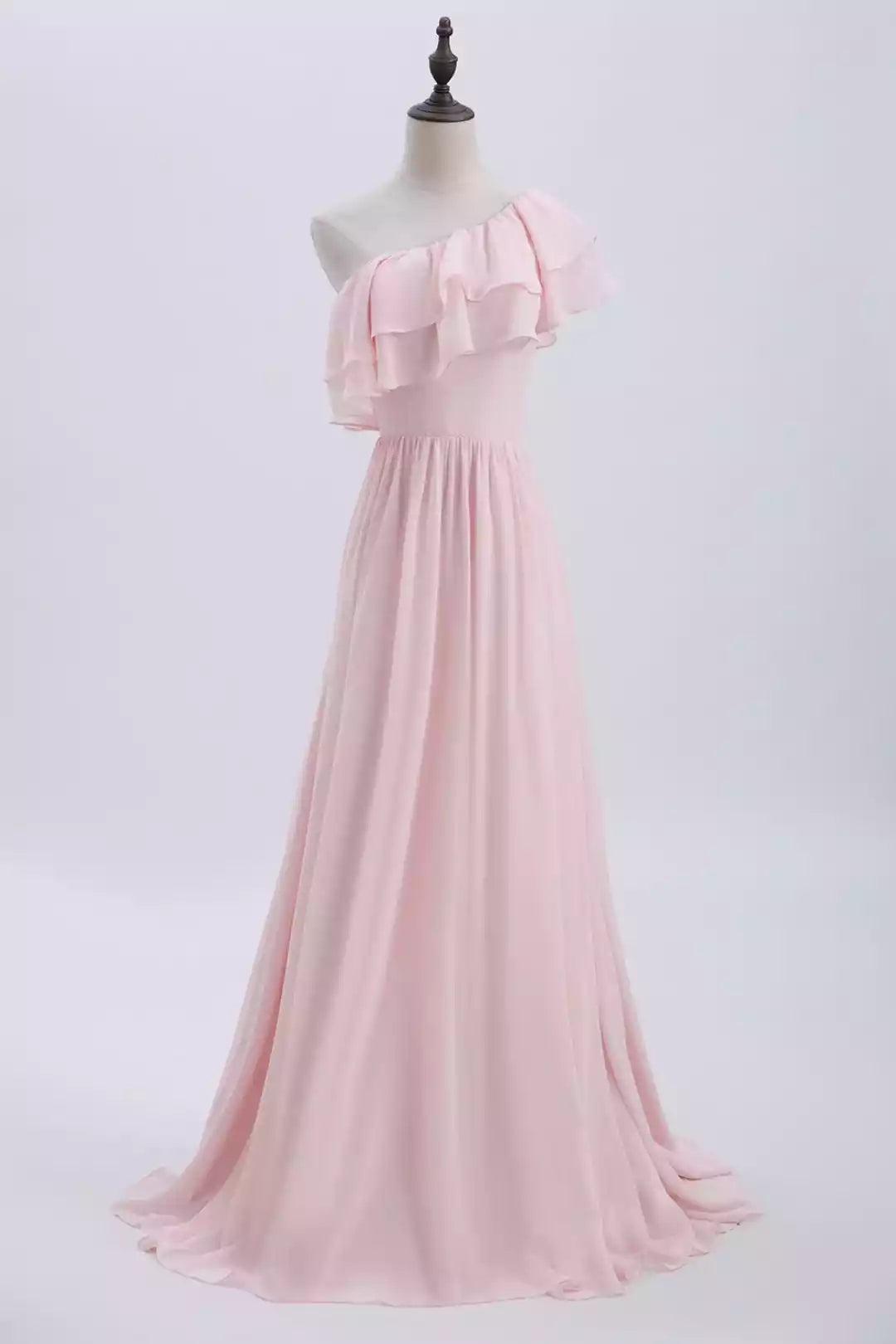 Romantic Blush Pink Chiffon One-Shoulder Gown with Ruffle Detail