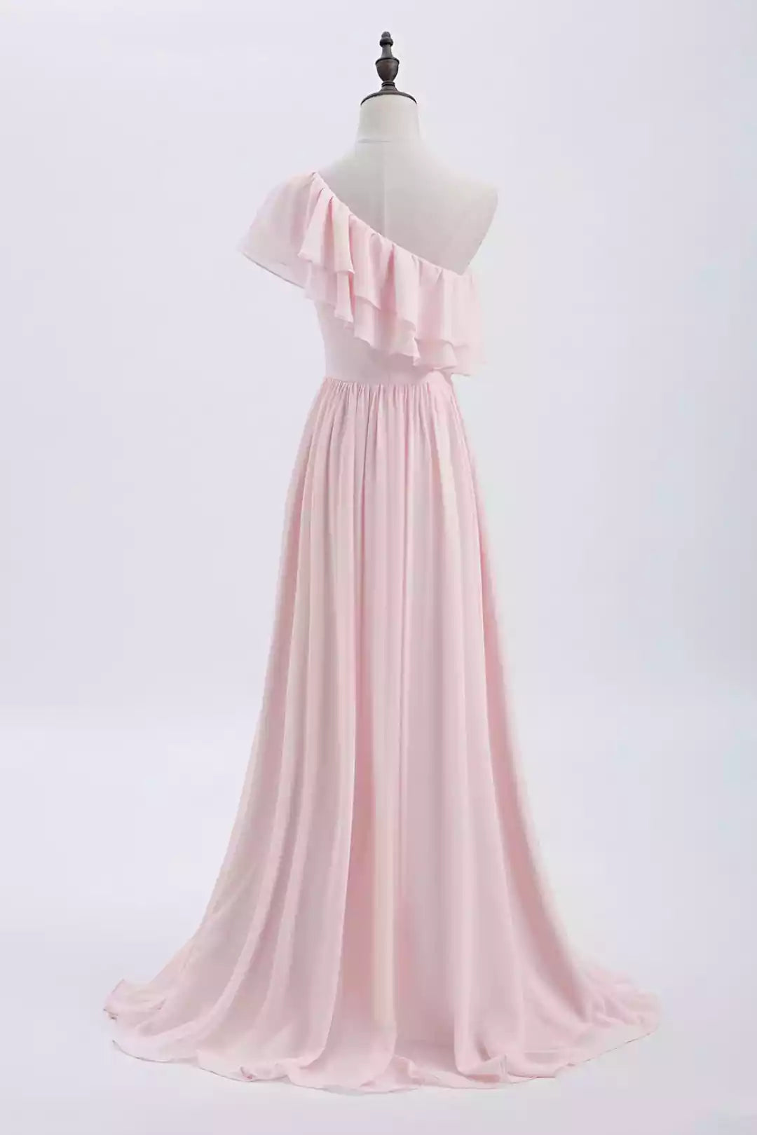 Romantic Blush Pink Chiffon One-Shoulder Gown with Ruffle Detail