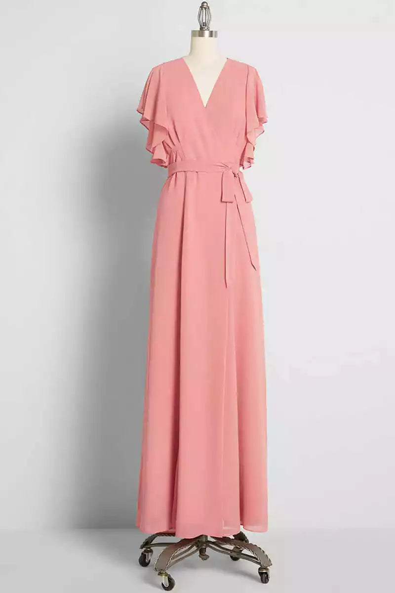 Romantic Blush Pink Chiffon Wrap Maxi Dress with Flutter Sleeves & Self-Tie Waist